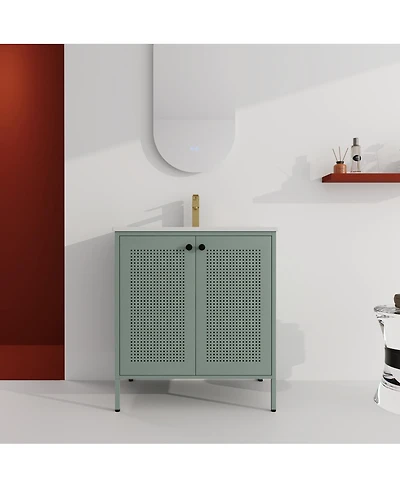 Sillysis Modern Steel Bathroom Vanity with Ceramic Sink, Mint Green Double Door Freestanding Cabinet, Adjustable Shelf