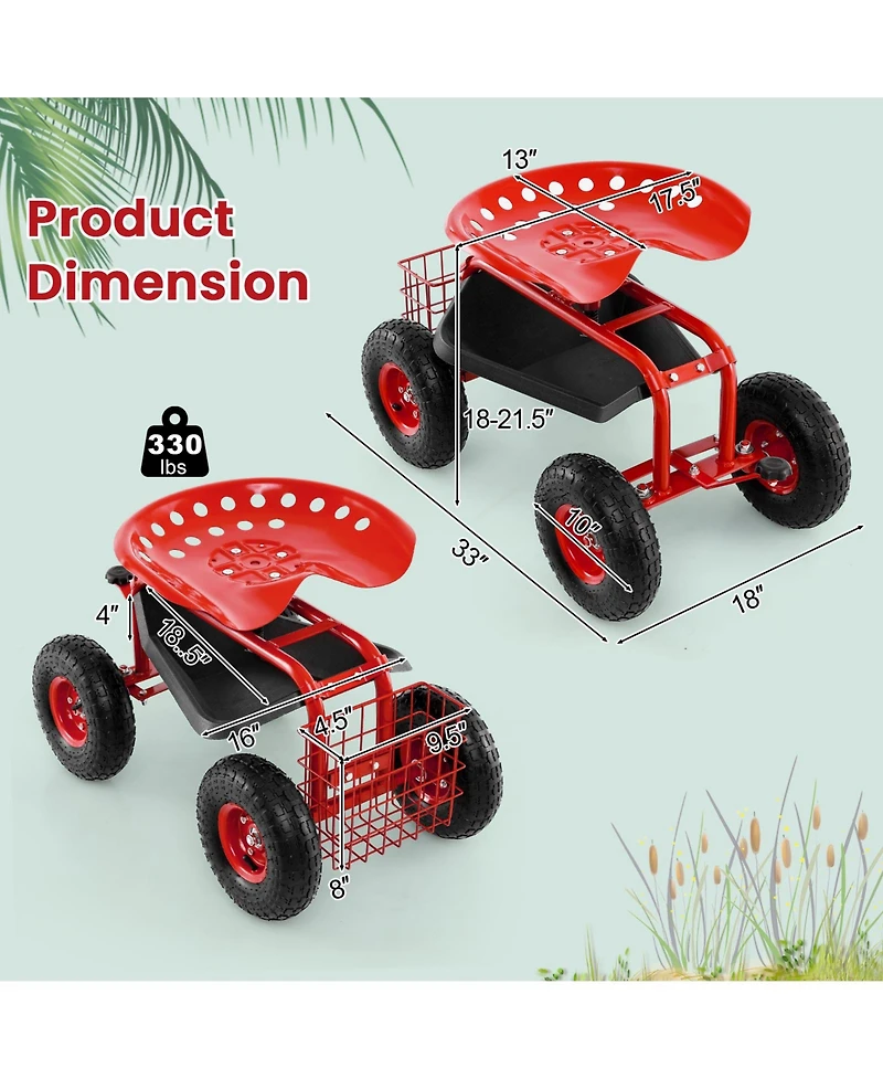 Sugift Four Wheel Rolling Garden Cart with Work Seat