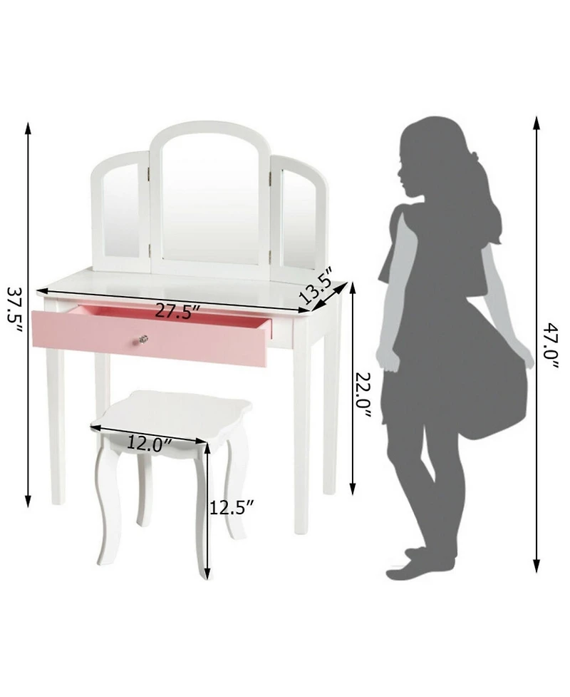Gouun Kids Princess Dressing Table Set with Tri-Folding Mirror and Stool