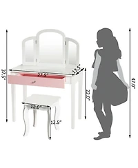 Gouun Kids Princess Dressing Table Set with Tri-Folding Mirror and Stool