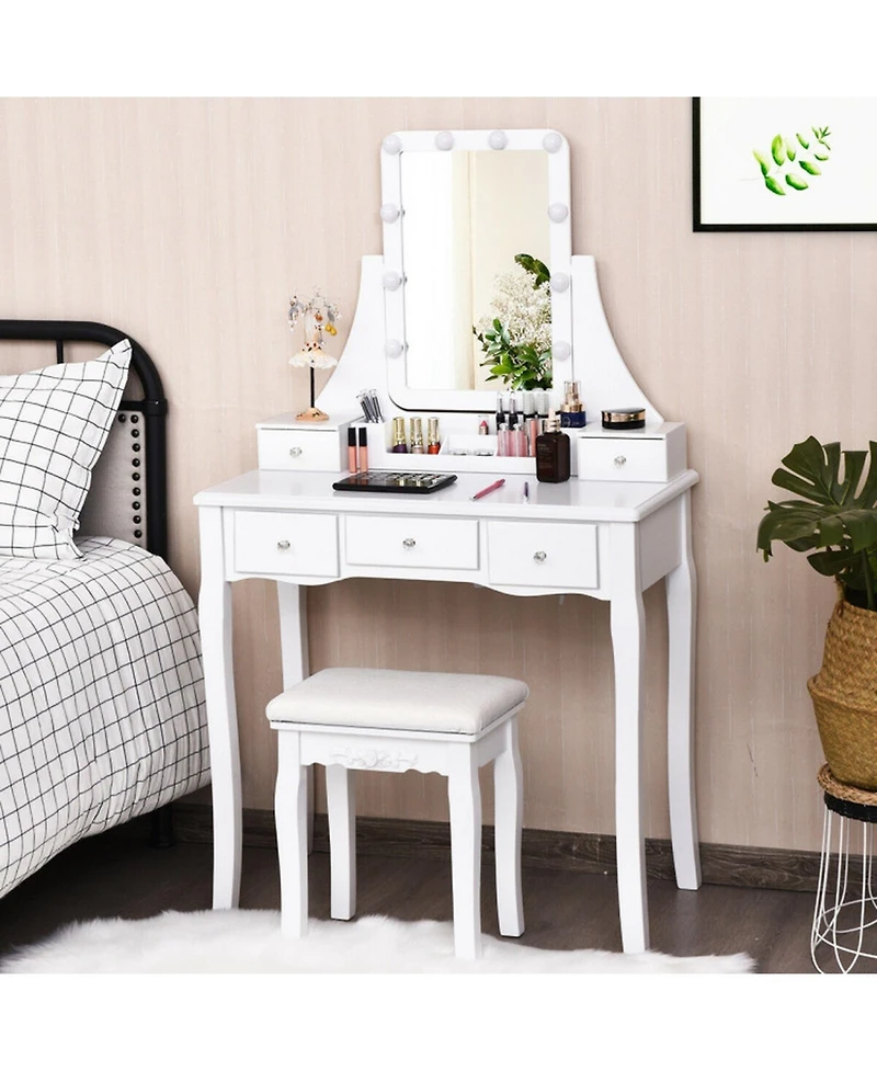 Gouun 10-Light Makeup Vanity Desk with 5 Drawers, Detachable Organizers and Padded Stool