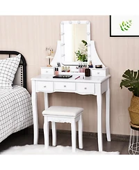Gouun 10-Light Makeup Vanity Desk with 5 Drawers, Detachable Organizers and Padded Stool