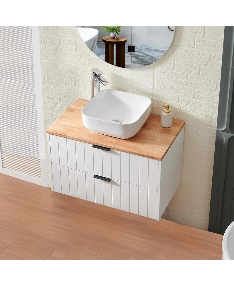 Sillysis Wall Mounted Bathroom Vanity with Solid Wood Top, Square Ceramic Sink, Double Drawers, Modern Storage for Small Spaces
