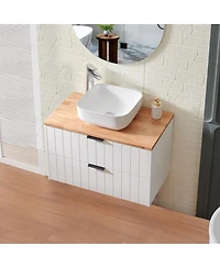 Sillysis Wall Mounted Bathroom Vanity with Solid Wood Top, Square Ceramic Sink, Double Drawers, Modern Storage for Small Spaces