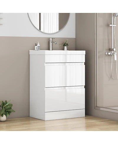 Sillysis Modern Freestanding Bathroom Vanity with Ceramic Sink, Soft Close Drawers, Glossy Storage Cabinet