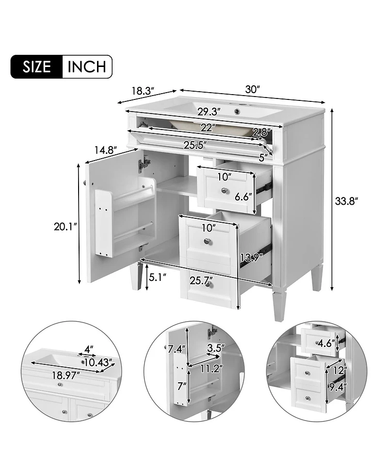 Sillysis Bathroom Vanity with Sink, Modern Freestanding Cabinet 3 Soft Close Drawers Adjustable Shelf for