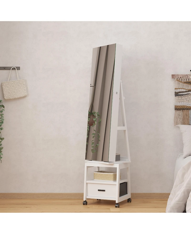 homfan Standing Jewelry Armoire with Full-Length Mirror, Rotating Base, Lockable Storage and Suede Lining