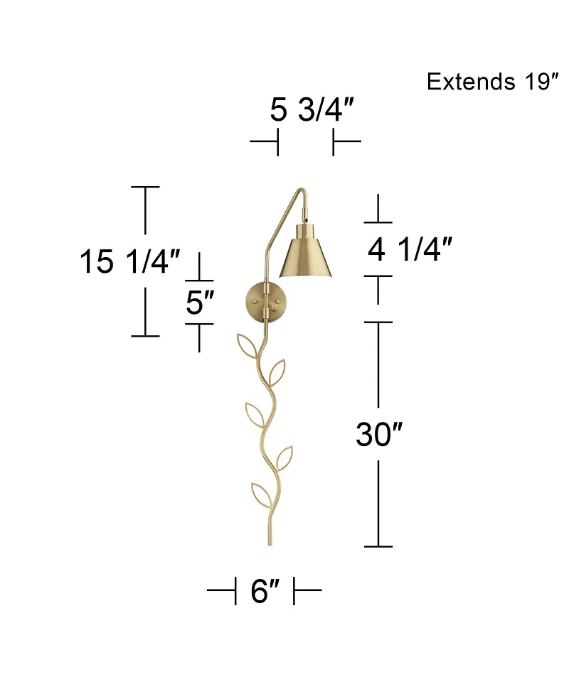 360 Lighting Marybel Modern Swing Arm Wall Lamp with Cord Cover Brass Gold Plug-in Light Fixture Tapered Metal Shade for Bedroom Bedside Living Room