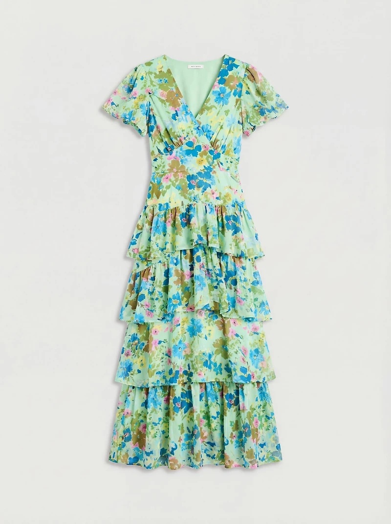 Warehouse Women's Waist Puff Sleeve Tiered Midi Dress