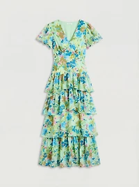 Warehouse Women's Waist Puff Sleeve Tiered Midi Dress