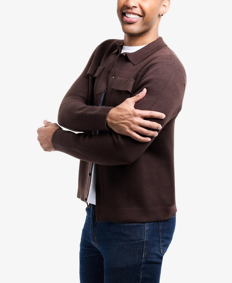 Spring + Mercer Men's Plus Long Sleeve Sweater With Full Buttoned Two Patch Pockets