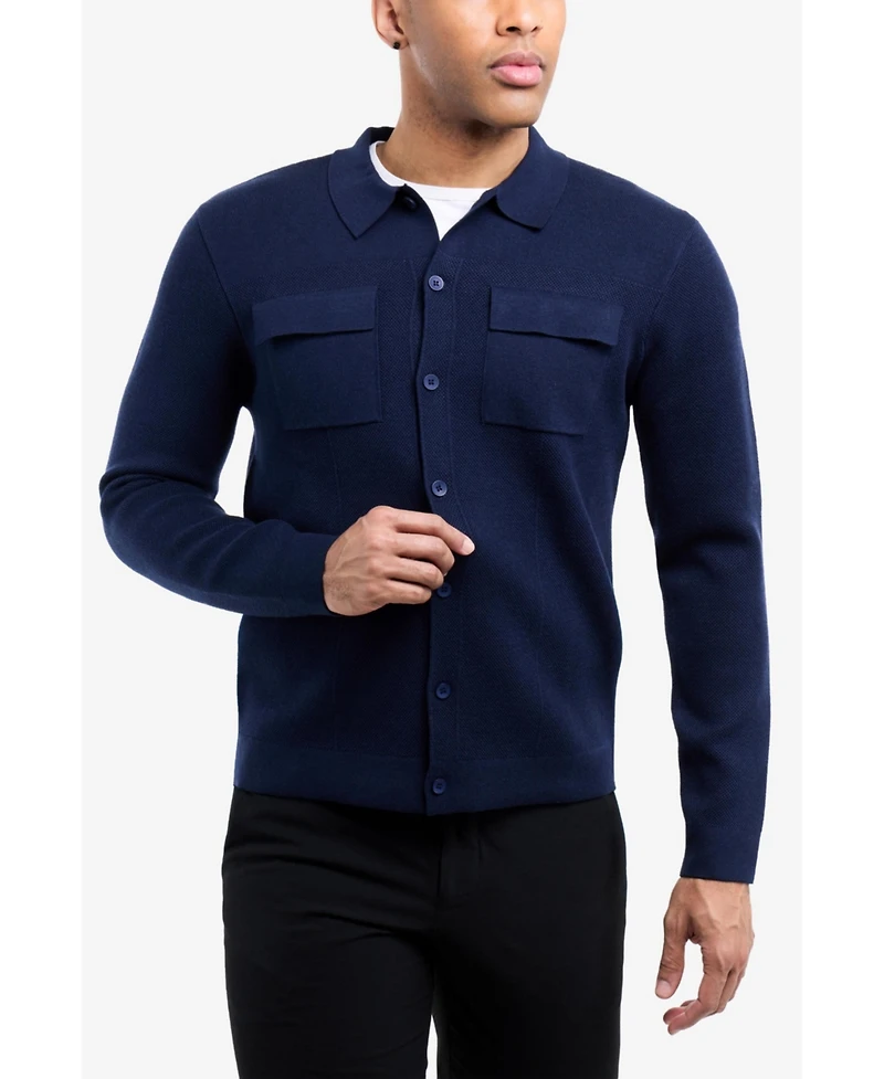 Spring + Mercer Men's Long Sleeve Sweater With Full Buttoned Two Patch Pockets