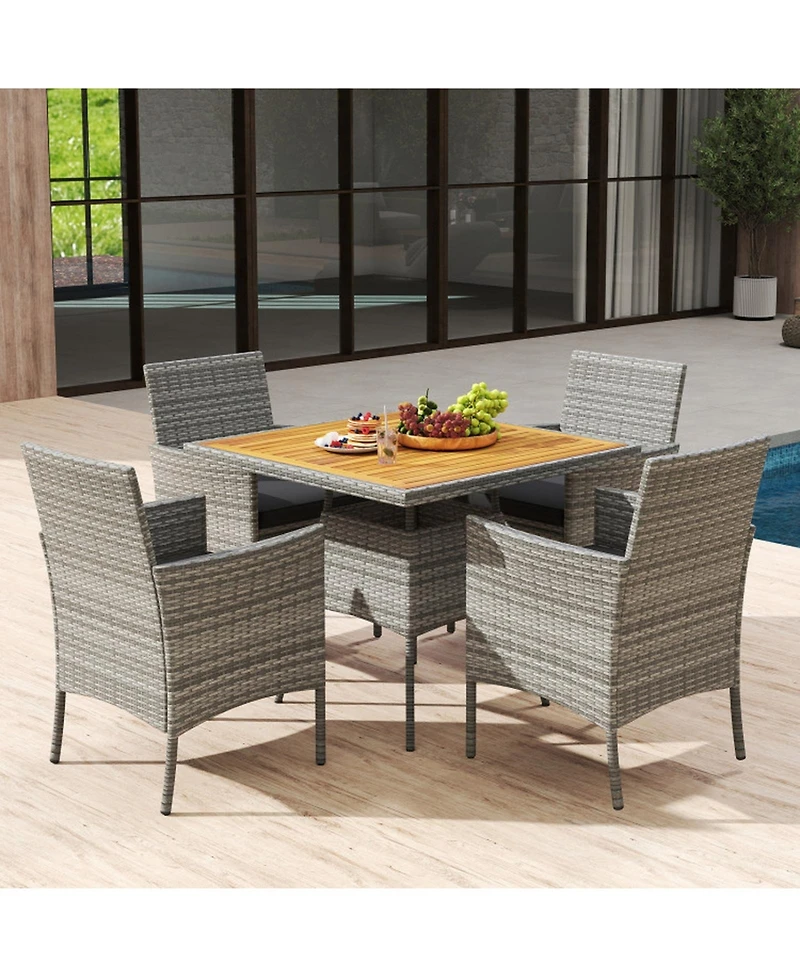 Gouun 5-Piece Outdoor Pe Wicker and Acacia Wood Patio Dining Set with Umbrella Hole and Cushions
