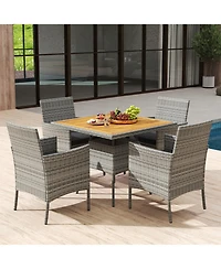 Gouun 5-Piece Outdoor Pe Wicker and Acacia Wood Patio Dining Set with Umbrella Hole and Cushions