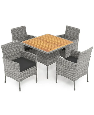Gouun 5-Piece Outdoor Pe Wicker and Acacia Wood Patio Dining Set with Umbrella Hole and Cushions