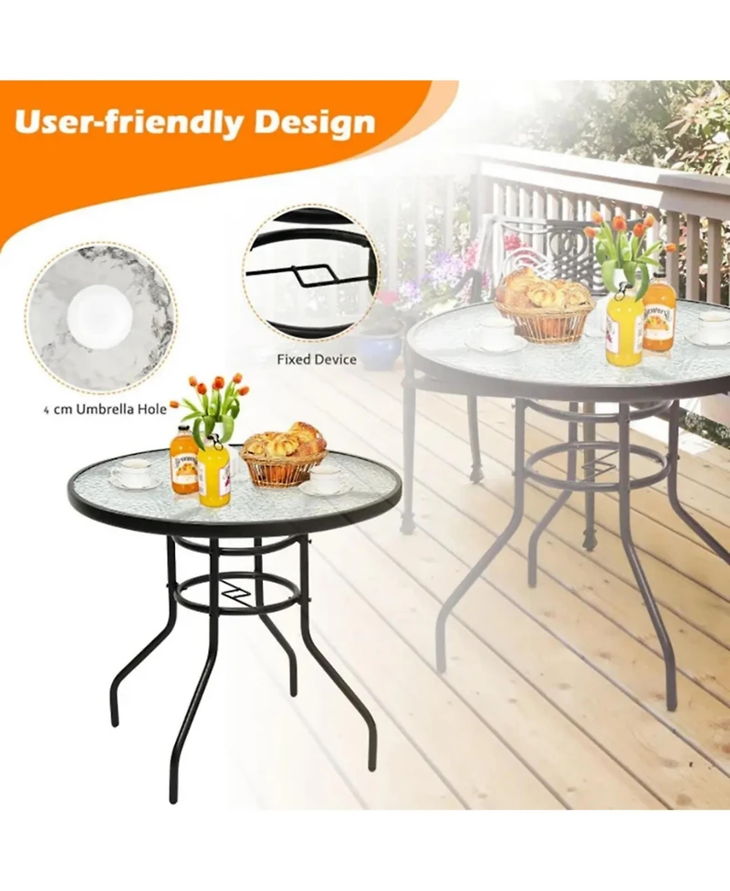Yiortwo 32" Round Patio Table with Umbrella Hole, Tempered Glass Outdoor Table