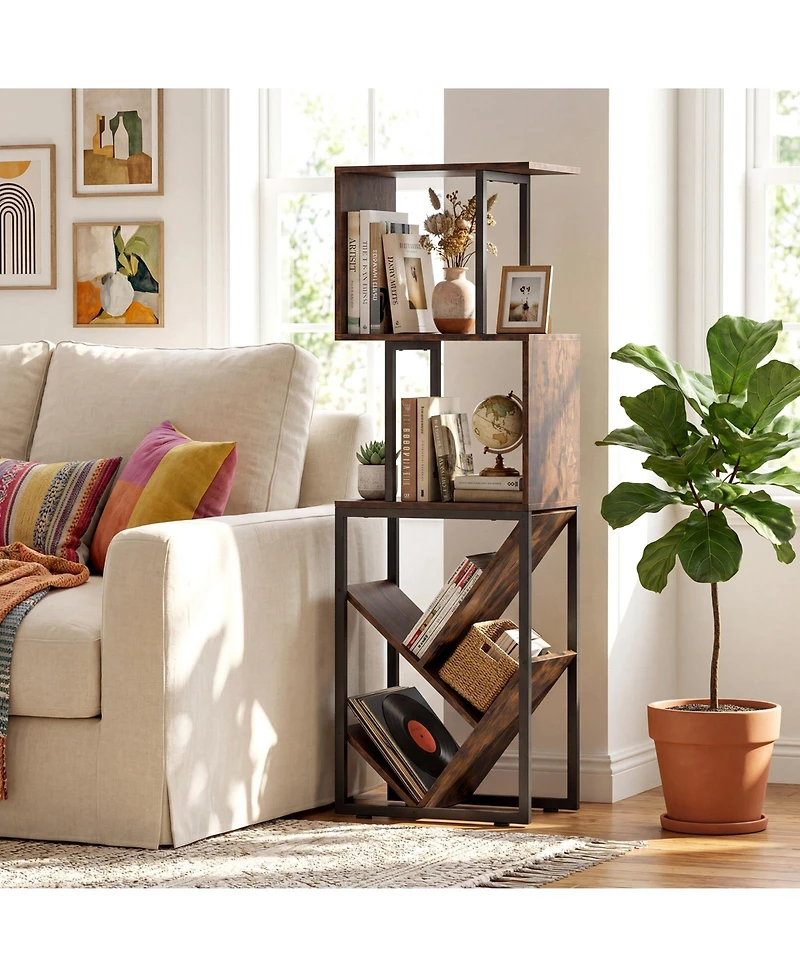 Gymax 6-Tier Bookshelf Industrial S-Shaped Geometric Bookcase w/ Open Display Shelves