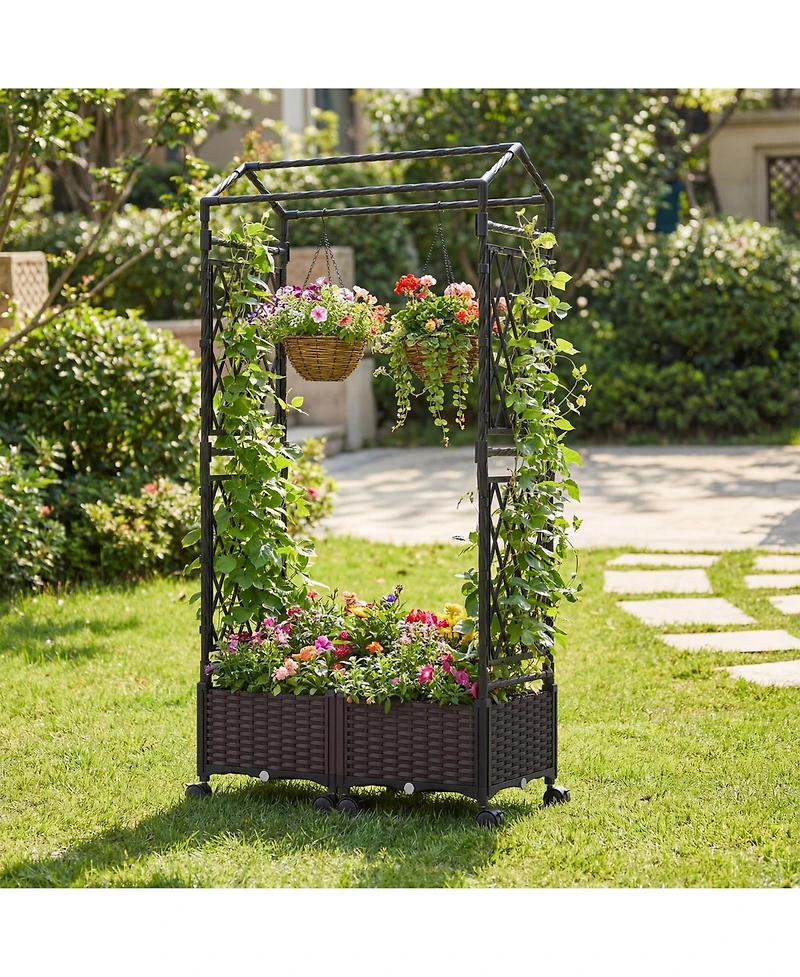 Gymax 2PCS Self-Watering Planter Boxes with Lattice Trellis and Roof