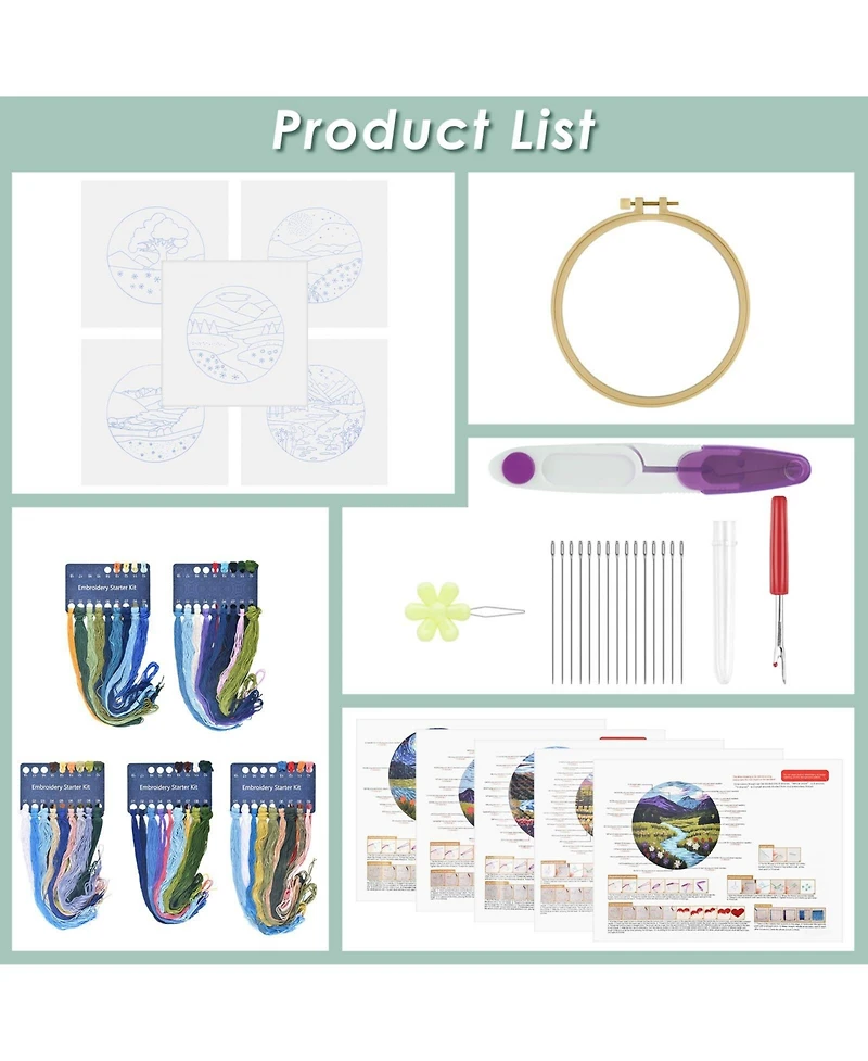 Gnuadz 5 Sets Embroidery Kit Beginner Butterfly Landscape Cloth Hoops Threads