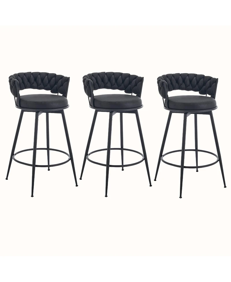 Dyhome 28 inch Bar Stools Set of 3, Modern Counter Height Stools, 360° Swivel Suede Fabric Stool Chairs with Woven Back and Footrest