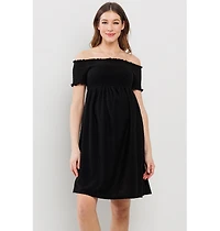 Hello Miz Maternity Off-the-Shoulder Smocked Swiss Dot Dress with Pockets