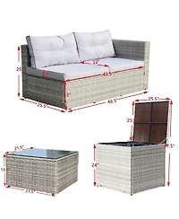 Clihome 4-Piece Outdoor Pe Rattan Patio Furniture Set - 2 Loveseats, Storage Table, Tempered Glass Coffee Table