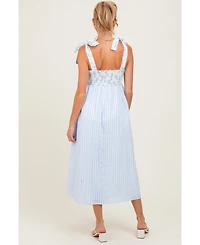 Pinkblush Women's Light Blue Floral Contrast Stripe Shoulder Tie Midi Dress