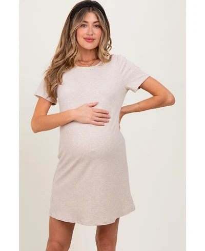 Pinkblush Maternity Beige Ribbed Knit Basic Short Sleeve T-Shirt Dress