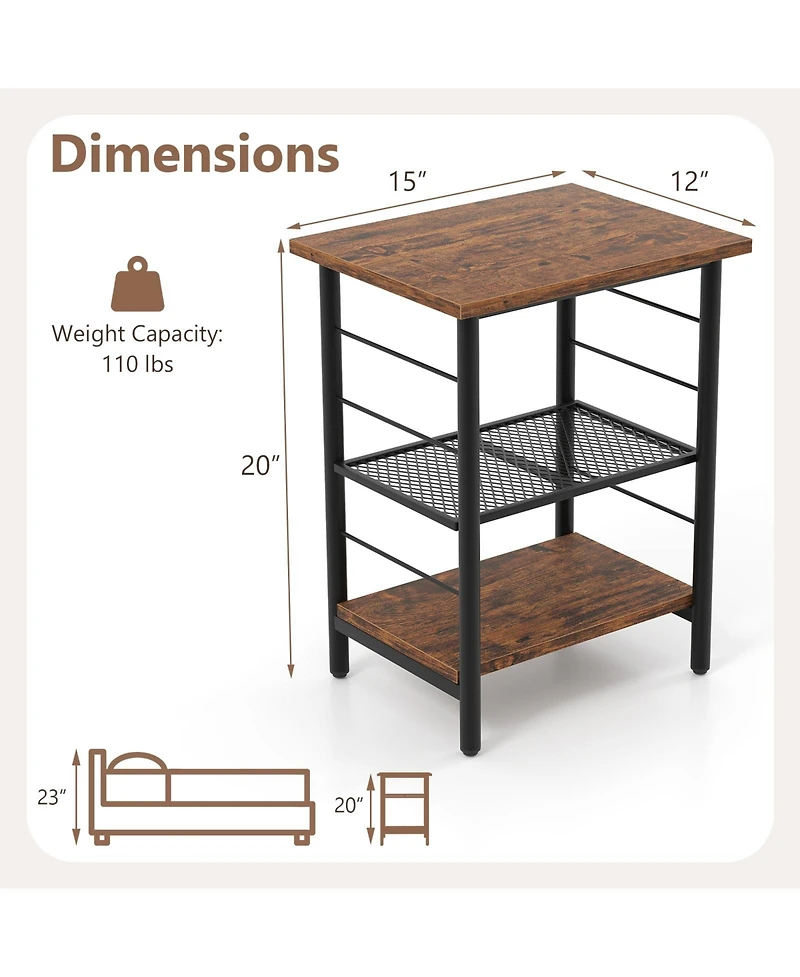 Slickblue Modern 3-Tier End Table Set of 2 with Metal Frame and Open Storage Shelves