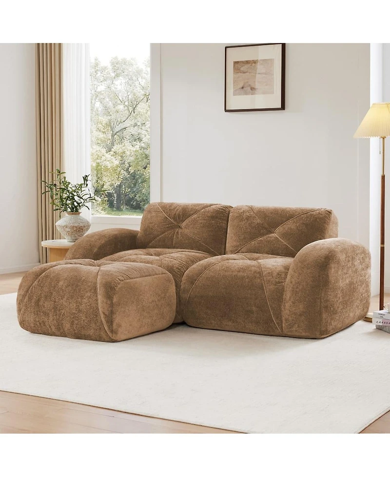 Maison Boucle 80.3'' Velvet Boneless L-Shaped Sofa, 2 Seater + Ottoman, No Assembly