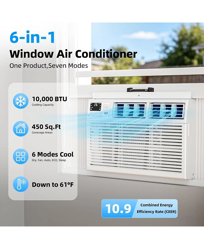Antarctic Star 6000 Btu Window Air Conditioner, 6-in-1 Cooling with Remote and Digital Display