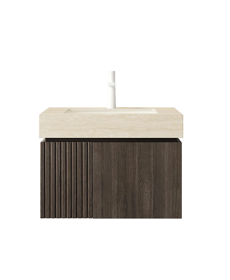 Sillysis Floating Bathroom Vanity with Roma Travertine Sintered Stone Top, Ceramic Sink, Soft Close Storage
