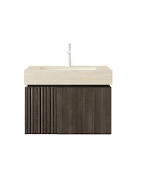 Sillysis Floating Bathroom Vanity with Roma Travertine Sintered Stone Top, Ceramic Sink, Soft Close Storage
