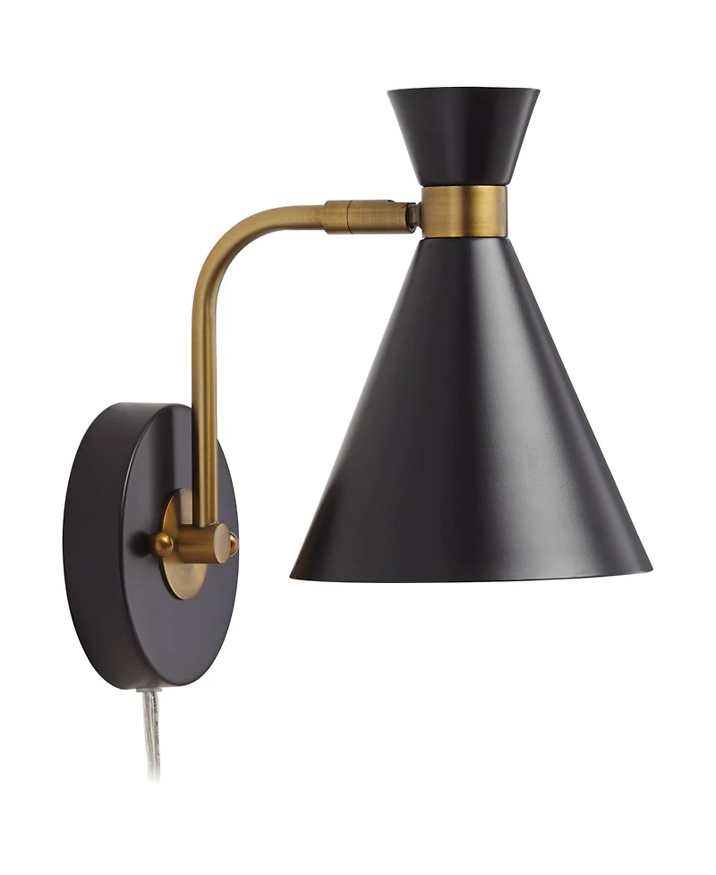 360 Lighting Venice Mid Century Modern Wall Lamps Set of 2 Matte Black Brass Plug-in 6 1/4" Light Fixture Cone Shade for Bedroom Reading Living Room