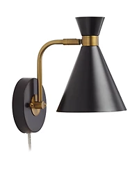 360 Lighting Venice Mid Century Modern Wall Lamps Set of 2 Matte Black Brass Plug-in 6 1/4" Light Fixture Cone Shade for Bedroom Reading Living Room