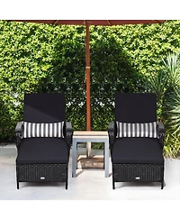 Outdoor Wicker Chaise Lounge with Adjustable Backrest, Cushion and Head Pillow-Black