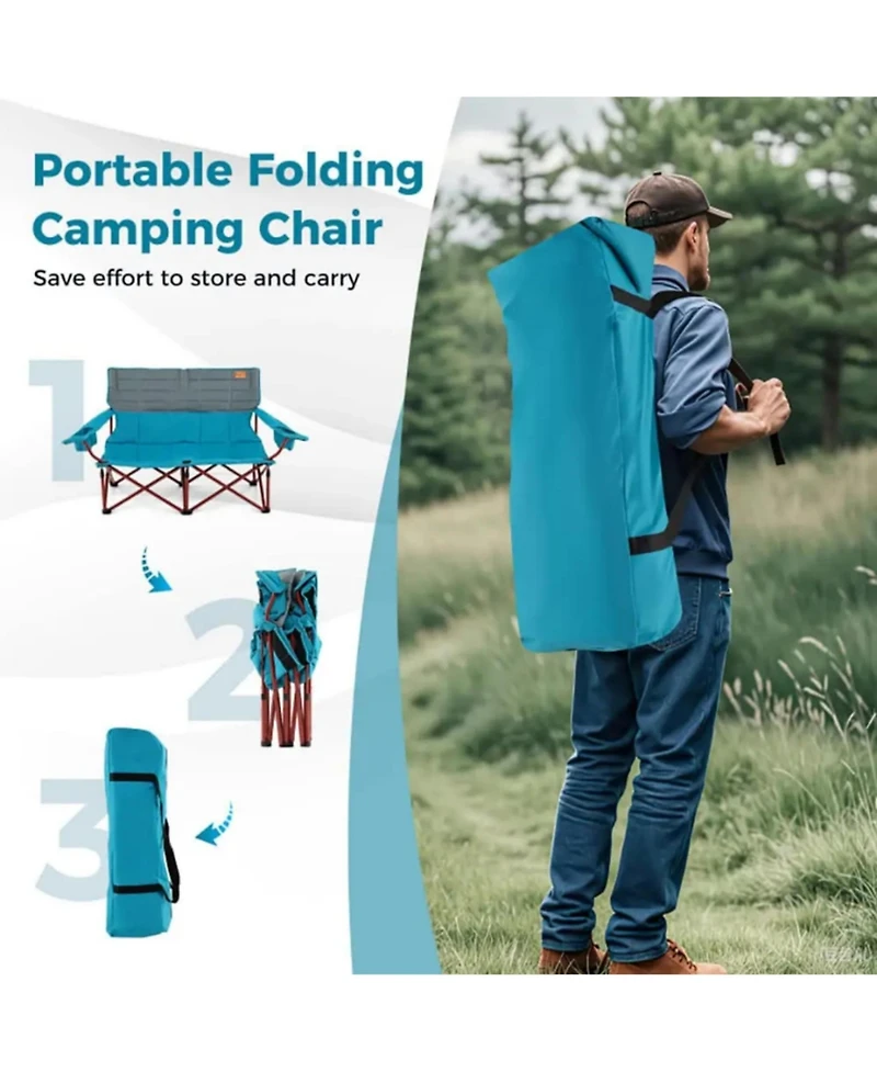Yiortwo 2-Person Camping Chair Loveseat with Cup Holders, Folding Outdoor Sofa