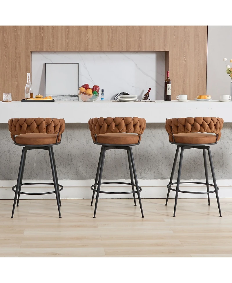 Dyhome 28 inch Bar Stools Set of 3, Modern Counter Height Stools, 360° Swivel Suede Fabric Stool Chairs with Woven Back and Footrest