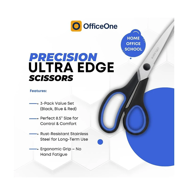 OfficeOne 3-Pack Heavy Duty Scissors 8" – Ultra Sharp Multipurpose Scissors with Comfort Grip Handles for Office, School, Home, Crafts and Sewing