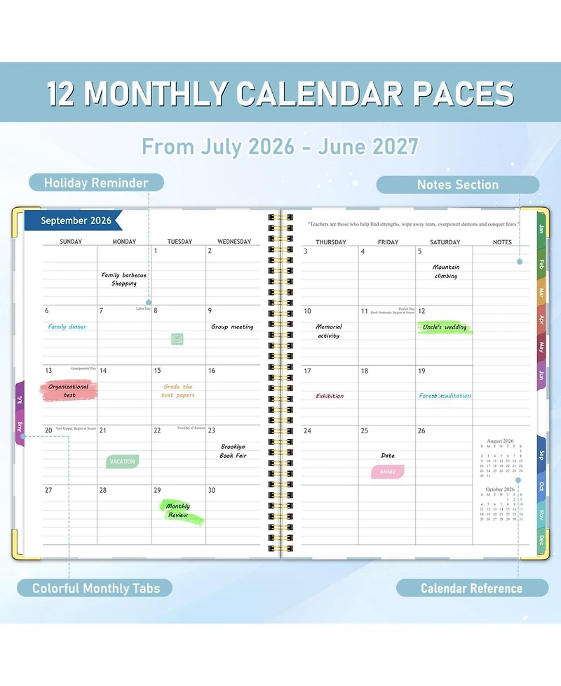 Gnuadz 2026-2027 Academic Year Teacher Planner Lesson Plan Book - Spiral-Bound, with Monthly Index Tabs and Stickers