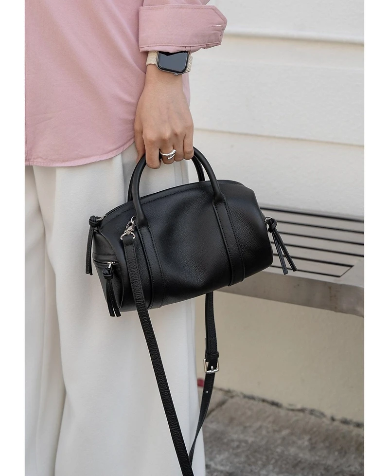 Susu Aria Genuine Leather Small Barrel Satchel Bag Top Handle Mini Boston Crossbody Purse