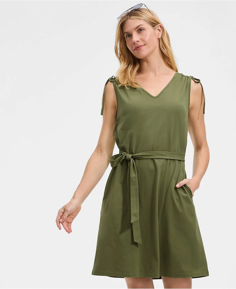 Lands' End Women's Cotton Jersey Shoulder Tie Belted Mini Dress