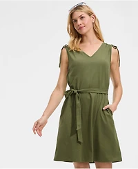 Lands' End Women's Cotton Jersey Shoulder Tie Belted Mini Dress
