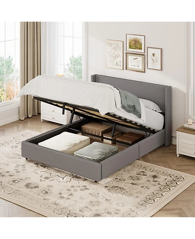 gaomon Lift Up Storage Bed Frame - Corduroy Upholstered Platform Bed with Gas Lift, Padded Headboard