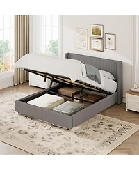 gaomon Lift Up Storage Bed Frame - Corduroy Upholstered Platform Bed with Gas Lift, Padded Headboard