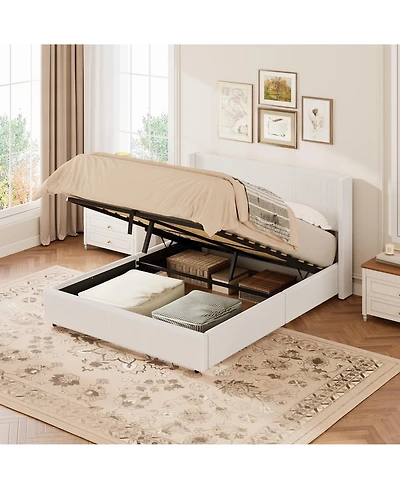gaomon Lift Up Storage Bed Frame - Corduroy Upholstered Platform Bed with Gas Lift, Padded Headboard