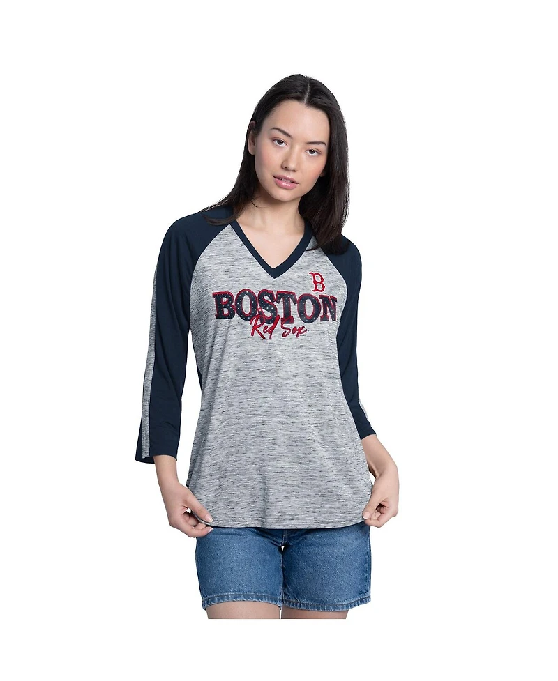 G-iii 4Her by Carl Banks Women's Navy/Heather Navy Boston Red Sox Speed Training 3/4-Sleeve Rhinestone V-Neck T-Shirt