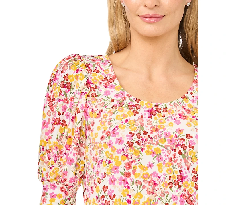 CeCe Women's Printed Crewneck Shirred Top