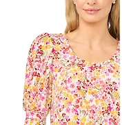 CeCe Women's Printed Crewneck Shirred Top