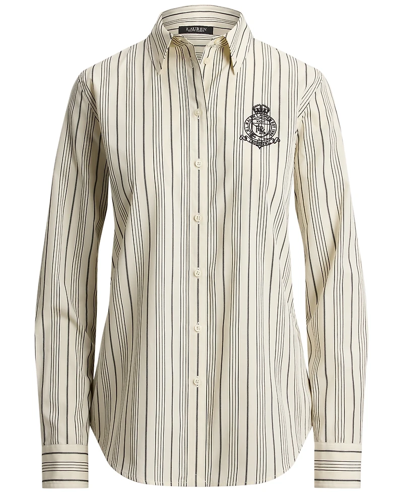 Lauren Ralph Petite Striped Collared Crest-Embroidered Shirt